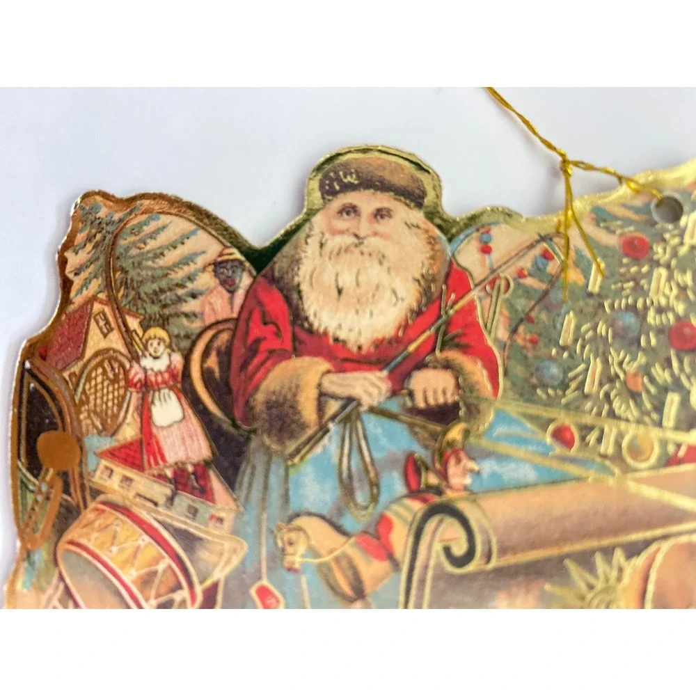 Vintage Style Die Cut‎ Cardboard Santa Claus Christmas Ornaments Gold Foil Set 2